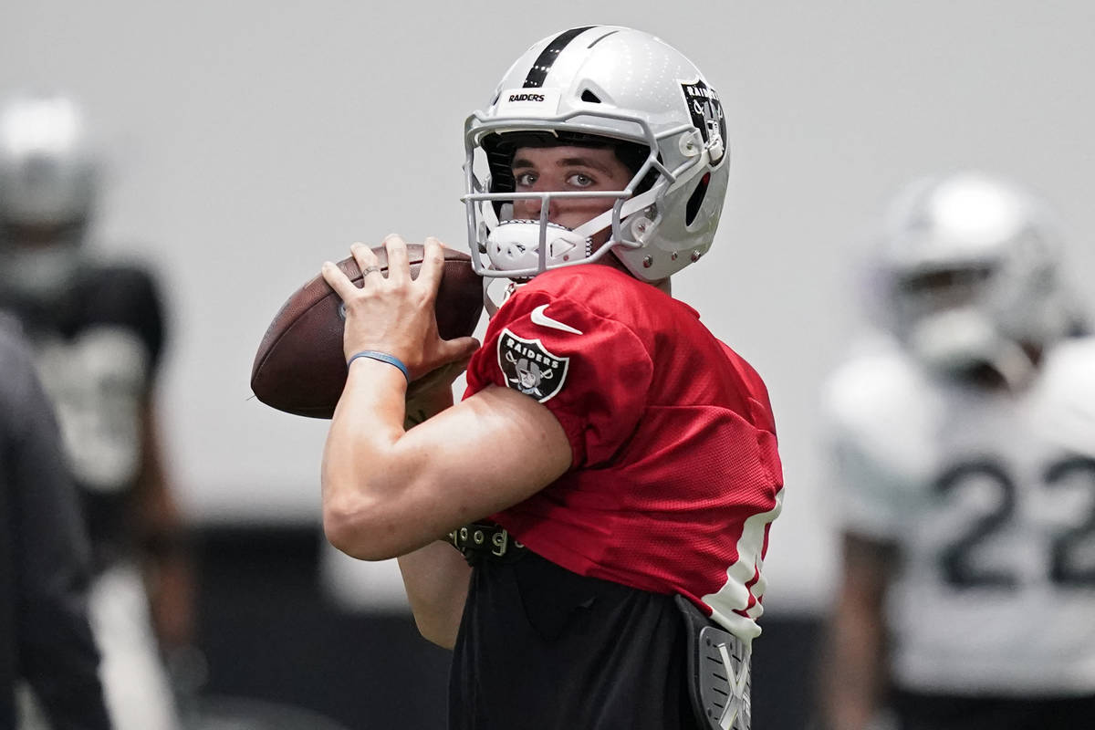 FILE - Las Vegas Raiders quarterback Derek Carr (4) prepares to throw a pass during an NFL foot ...