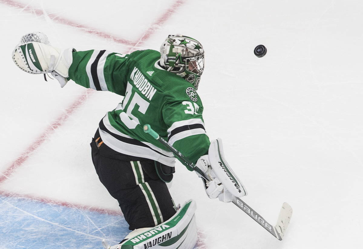 Dallas Stars goalie Anton Khudobin makes a save against the Vegas Golden Knights during the sec ...
