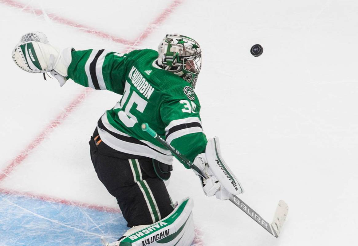 Dallas Stars goalie Anton Khudobin makes a save against the Vegas Golden Knights during the sec ...
