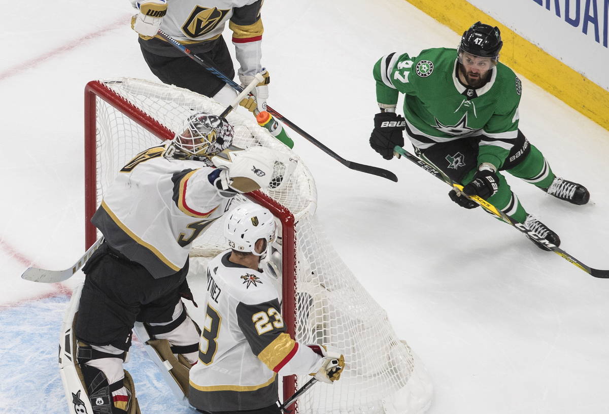 Dallas Stars' Alexander Radulov (47) looks for the puck as Vegas Golden Knights goalie Robin Le ...