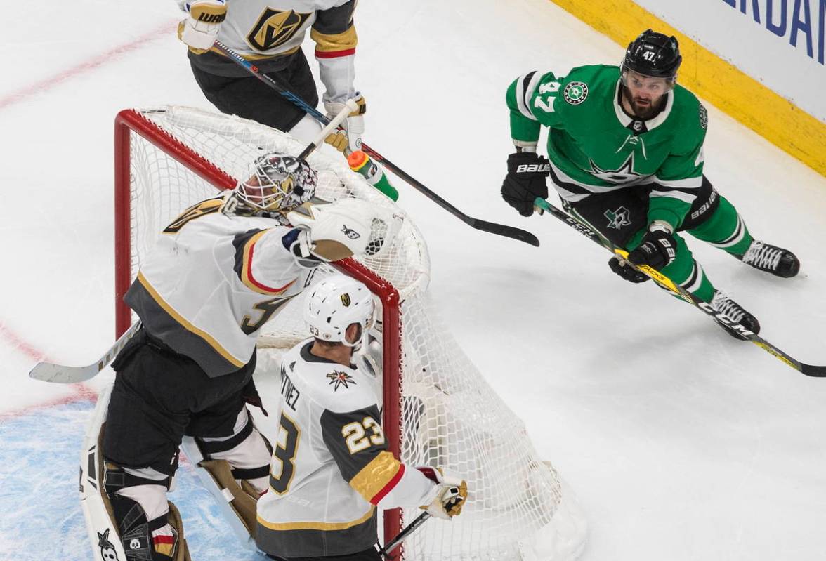 Dallas Stars' Alexander Radulov (47) looks for the puck as Vegas Golden Knights goalie Robin Le ...