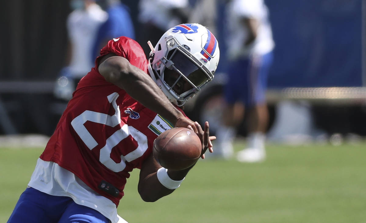 Buffalo Bills running back Zack Moss (20) catches a pass during an NFL football training camp i ...