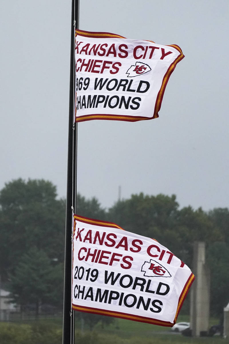 Super Bowl flags fly outside Arrowhead Stadium before an NFL football game between the Kansas C ...