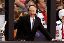 FILE- In this April 8, 2017, file photo, Pierre McGuire broadcasts from between the benches dur ...