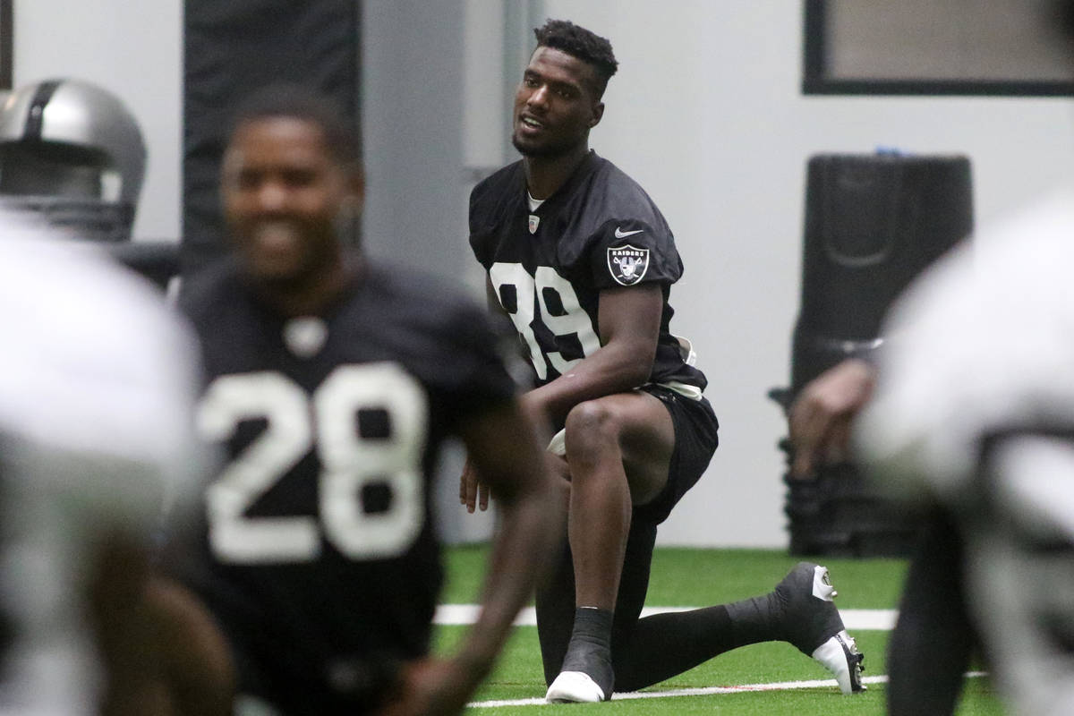 Las Vegas Raiders wide receiver Bryan Edwards (89) stretches during a practice session at the t ...