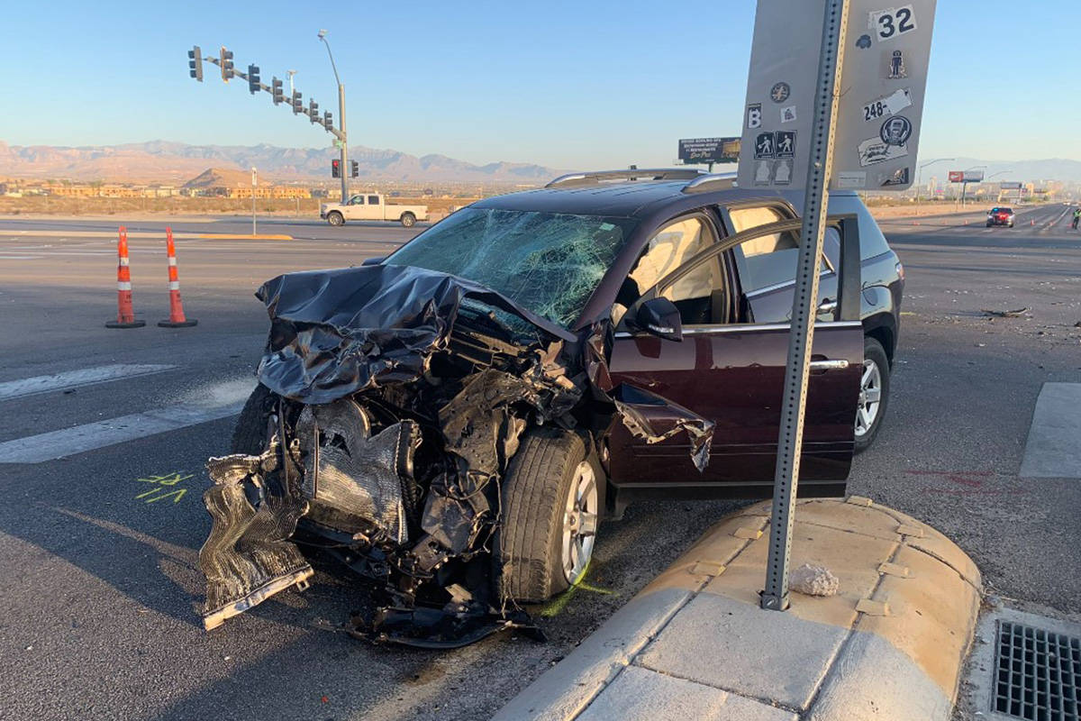Troopers investigate a two-vehicle crash Saturday, Sept. 12, 2020, at St. Rose Parkway and Las ...