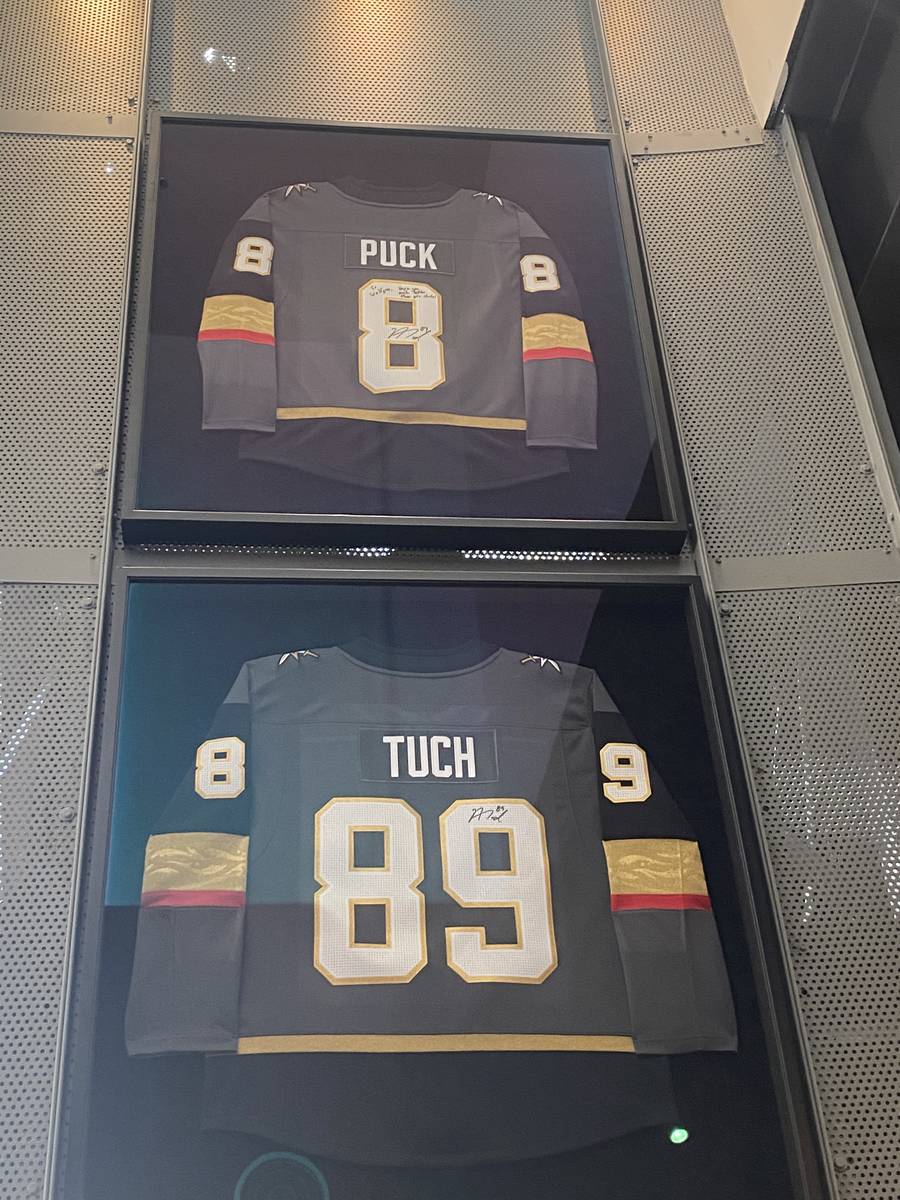 Vegas Golden Knights jerseys worn by Wolfgang Puck and Alex Tuch are at shown at Wolfgang Puck' ...