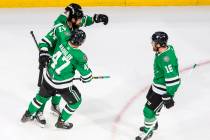 Dallas Stars' Jamie Benn (14) celebrates his goal against the Vegas Golden Knights with teammat ...