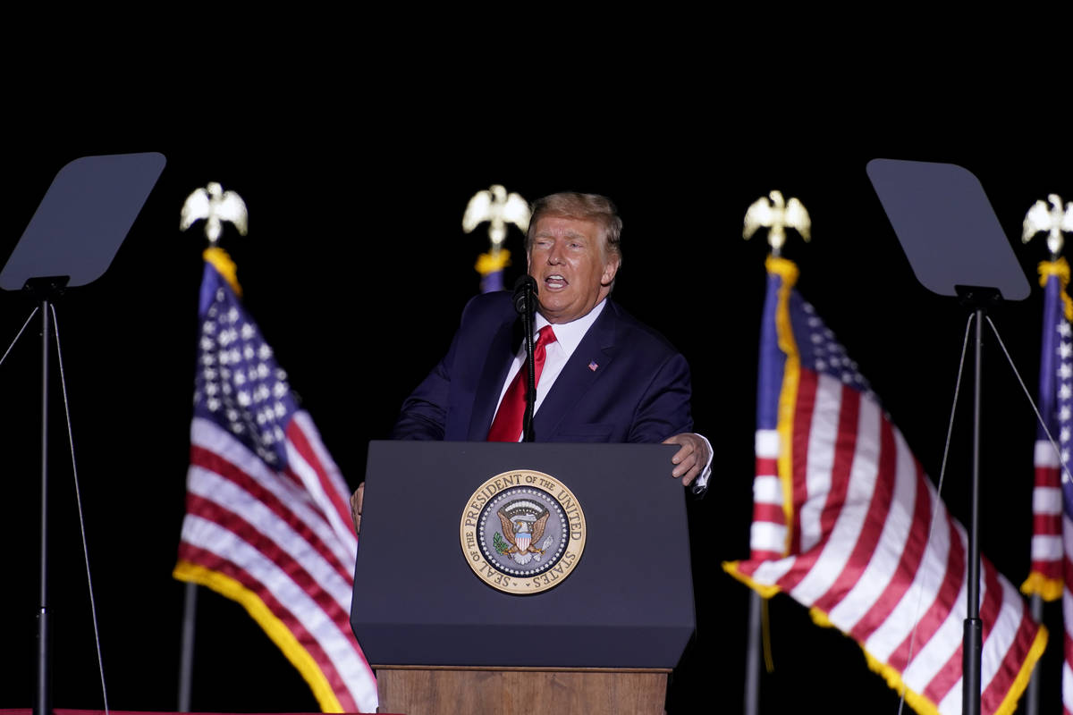 President Donald Trump speaks at a rally at Minden-Tahoe Airport in Minden, Nev., Saturday, Sep ...