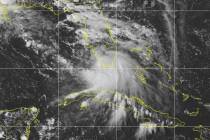 This Saturday, Sept. 12, 2020 image provided by NOAA shows the formation of Tropical Storm Sall ...