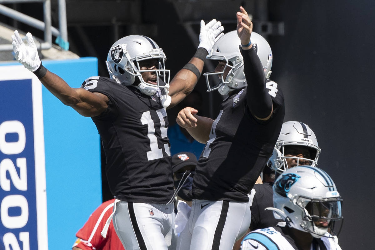 Las Vegas Raiders wide receiver Nelson Agholor (15) celebrates a second quarter touchdown catch ...