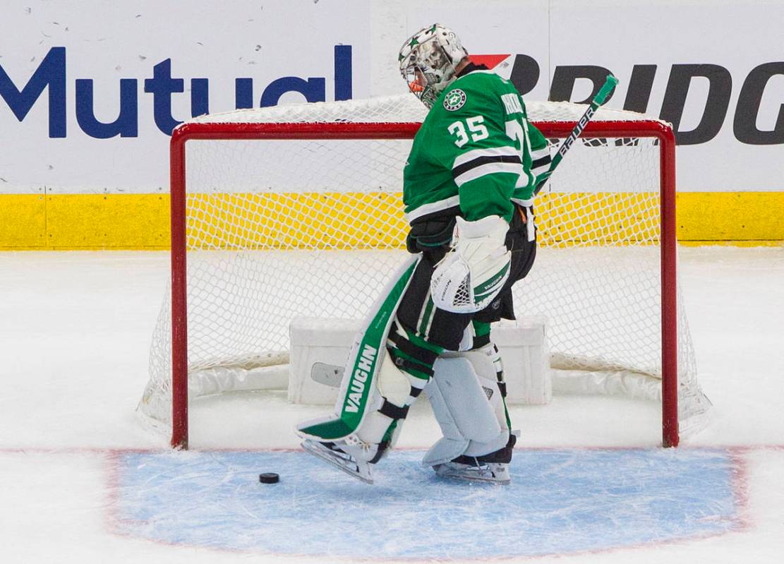 Dallas Stars goalie Anton Khudobin (35) kicks the puck after being scored against by Vegas Gold ...
