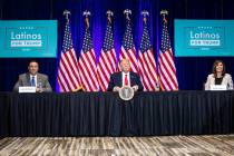 President Donald Trump addresses the Latinos for Trump roundtable next to Jesus Marquez, left, ...