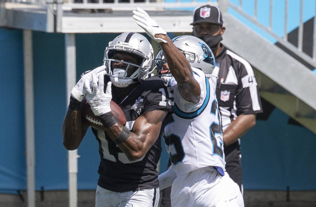 Las Vegas Raiders wide receiver Nelson Agholor (15) catches a touchdown pass over Carolina Pant ...