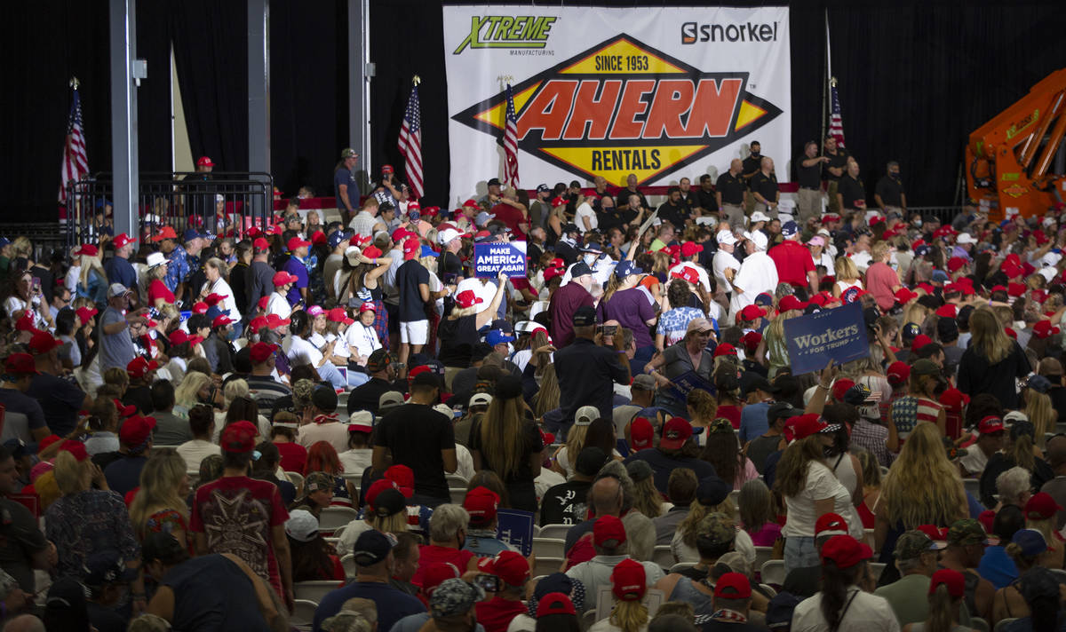 The crowd during a Trump campaign rally at Xtreme Manufacturing on Sunday, Sept. 13, 2020, in H ...