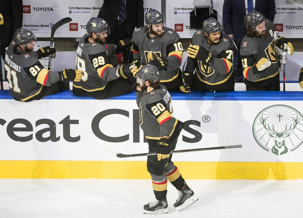 Vegas Golden Knights' Chandler Stephenson (20) celebrates his goal against the Dallas Stars dur ...