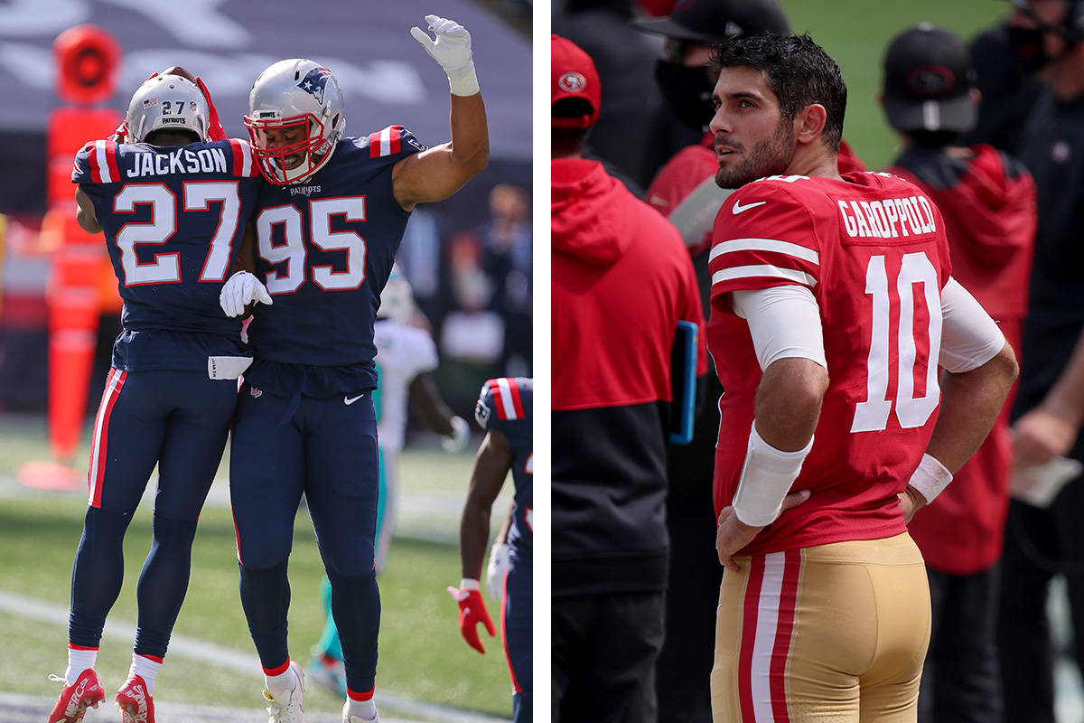 New England Patriots defensive end Derek Rivers (95) celebrates an interception by defensive ba ...