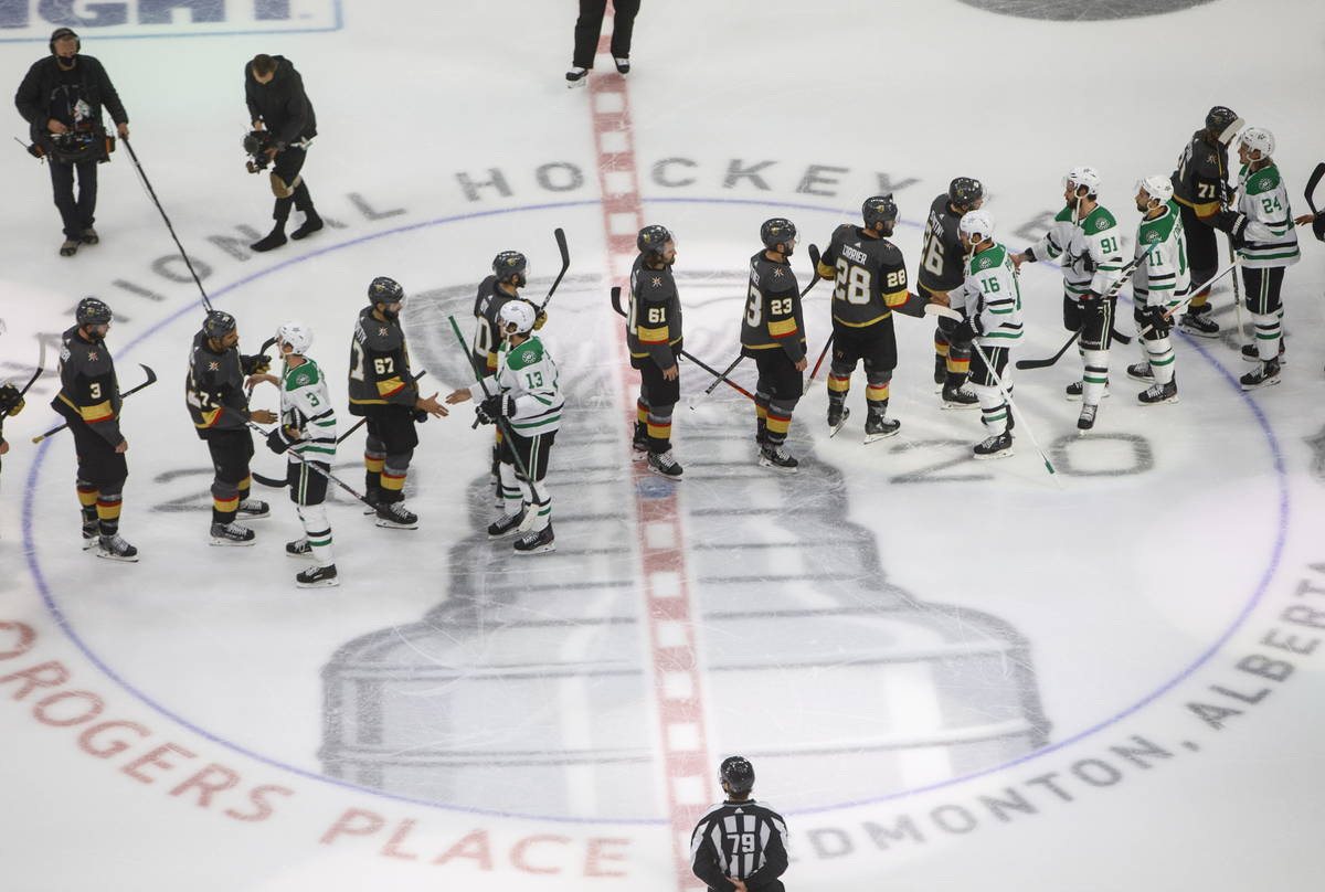 Dallas Stars and Vegas Golden Knights players shake hands after Dallas won in overtime NHL West ...