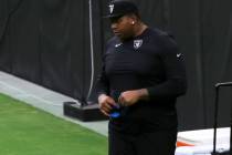 Las Vegas Raiders offensive tackle Trent Brown looks on during a team practice at Allegiant Sta ...