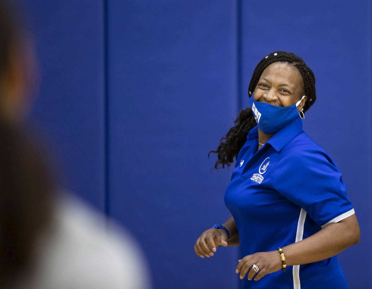 Dorothy Kendrick, head women's basketball coach at the College of Southern Nevada, works her pl ...