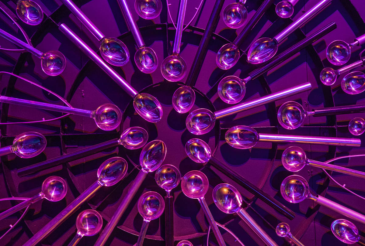 A spoon mural hangs near vendor Emack & Bolio's dessert space in Area15, in Las Vegas on Monday ...