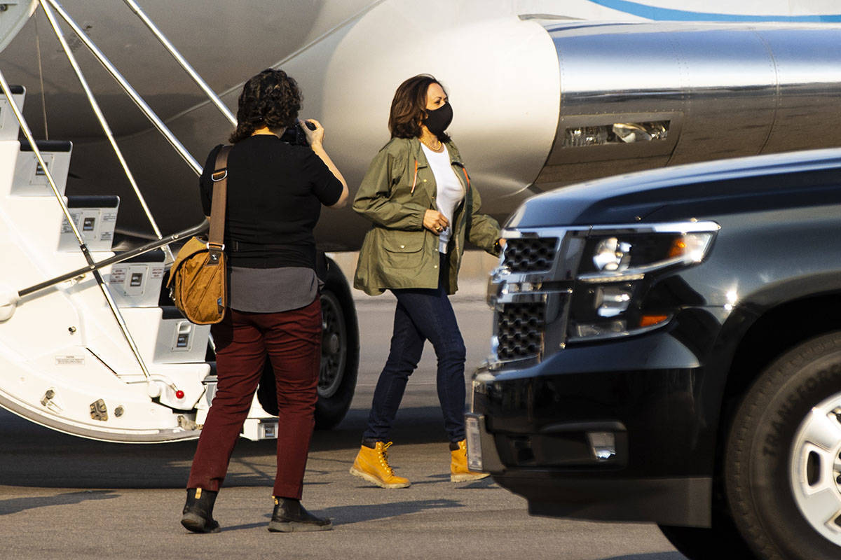 Democratic vice presidential candidate Sen. Kamala Harris, D-Calif., deplanes at McCarran Inter ...