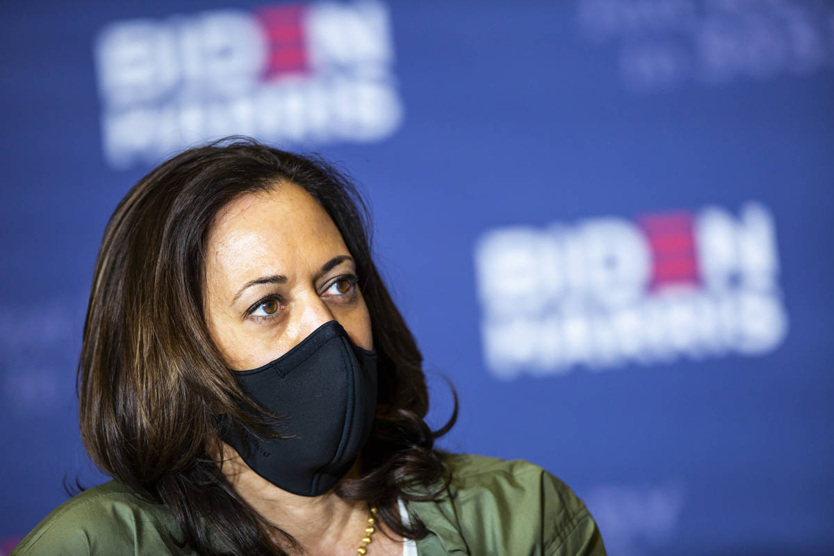 Democratic vice presidential candidate Sen. Kamala Harris, D-Calif., speaks during a roundtable ...