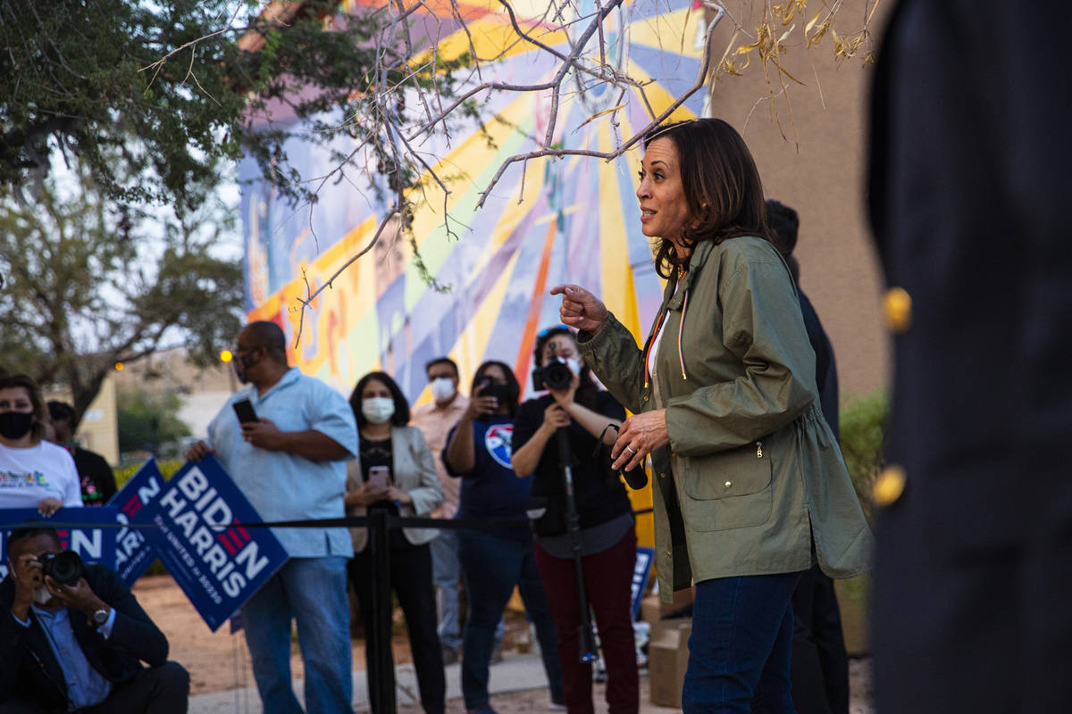 Democratic vice presidential candidate Sen. Kamala Harris, D-Calif., greets supporters after sp ...
