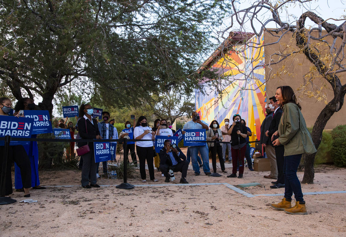 Democratic vice presidential candidate Sen. Kamala Harris, D-Calif., greets supporters after sp ...