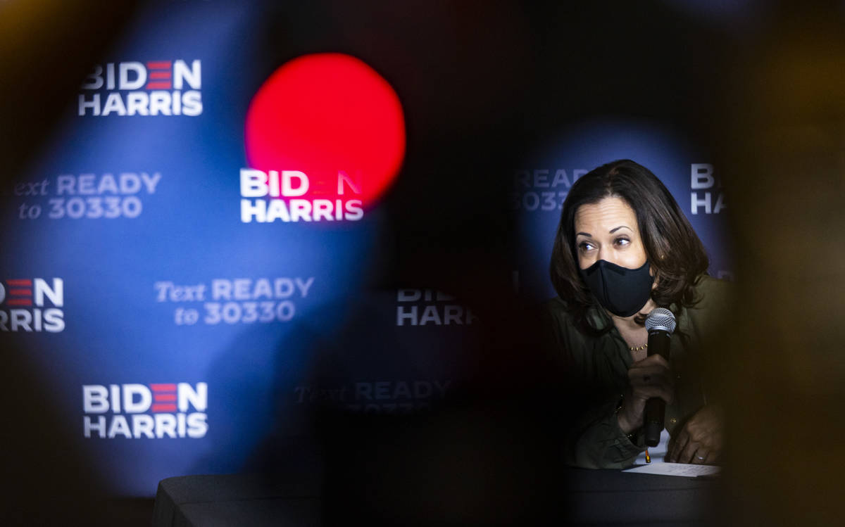 Democratic vice presidential candidate Sen. Kamala Harris, D-Calif., speaks during a roundtable ...