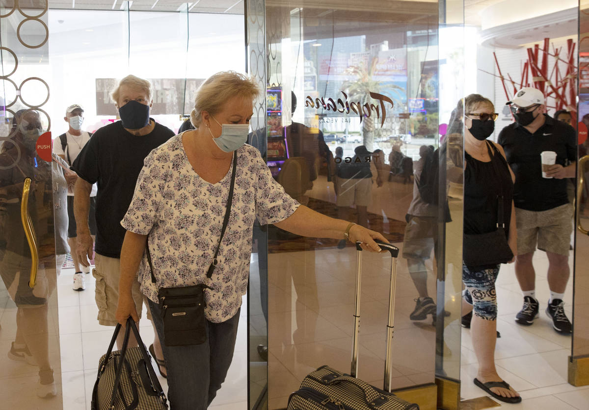 Gusts arrive after the Tropicana hotel-casino reopens to public, on Thursday, Sept. 17, 2020, i ...