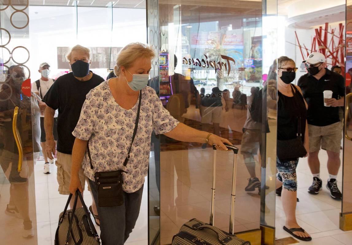 Gusts arrive after the Tropicana hotel-casino reopens to public, on Thursday, Sept. 17, 2020, i ...