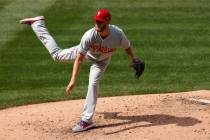 Philadelphia Phillies starting pitcher Zack Wheeler delivers a pitch during the third inning of ...