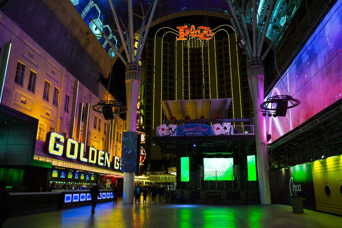 A view looking towards the Plaza from the Fremont Street Experience following Gov. Steve Sisola ...