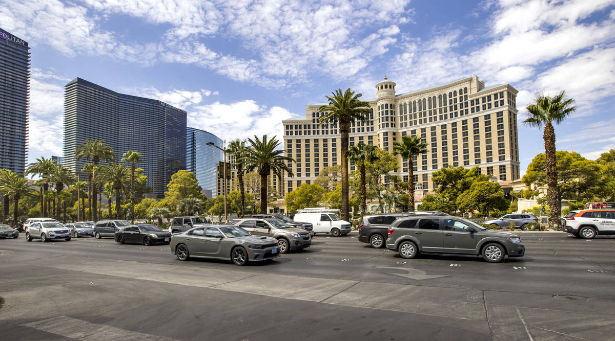 Traffic is heavy along the Las Vegas Strip across from the Bellagio during Labor Day weekend on ...