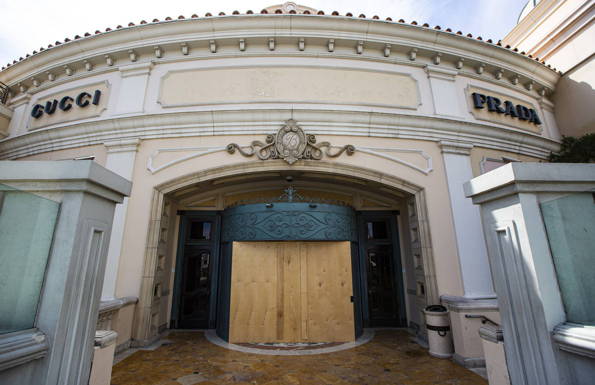 A boarded up entrance to the Bellagio along the Las Vegas Strip on Thursday, April 16, 2020. (C ...