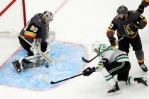 Dallas Stars' Blake Comeau (15) is stopped by Vegas Golden Knights goalie Robin Lehner (90) as ...