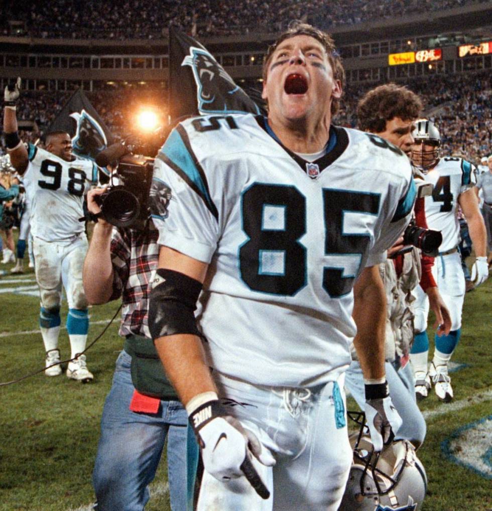 Carolina Panthers tight end Wesley Walls (85) cries out in celebration of the Panthers 26-17 wi ...