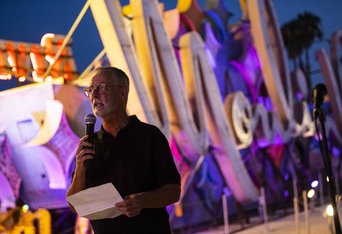 Rob McCoy, president and CEO of the Neon Museum,ʳpeaks before the reillumination of the M ...
