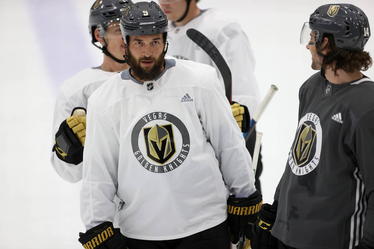 This July 15, 2020, file photo shows Vegas Golden Knights defenseman Deryk Engelland (5) during ...