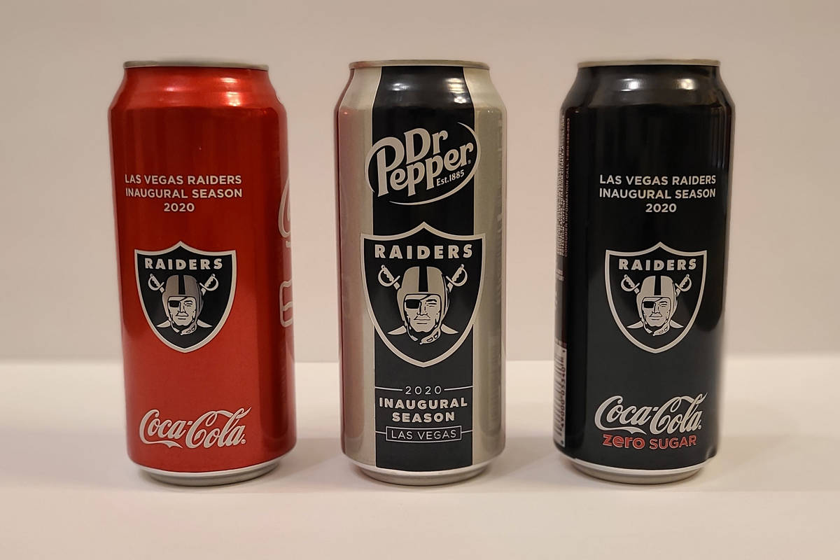 Las Vegas Raiders-branded Coca Cola and Dr. Pepper cans. (Rochelle Richards/Las Vegas Review-Jo ...