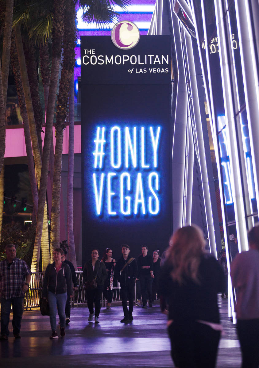 The new slogan for the city, Only Vegas, displayed on the marquee at The Cosmopolitan in Las Ve ...