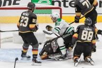 Dallas Stars' Corey Perry (10) reacts as the puck goes into the net past Vegas Golden Knights g ...