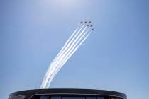 The U.S. Air Force Thunderbirds fly over the Allegiant Stadium on Monday, Aug. 31, 2020. (Eliza ...