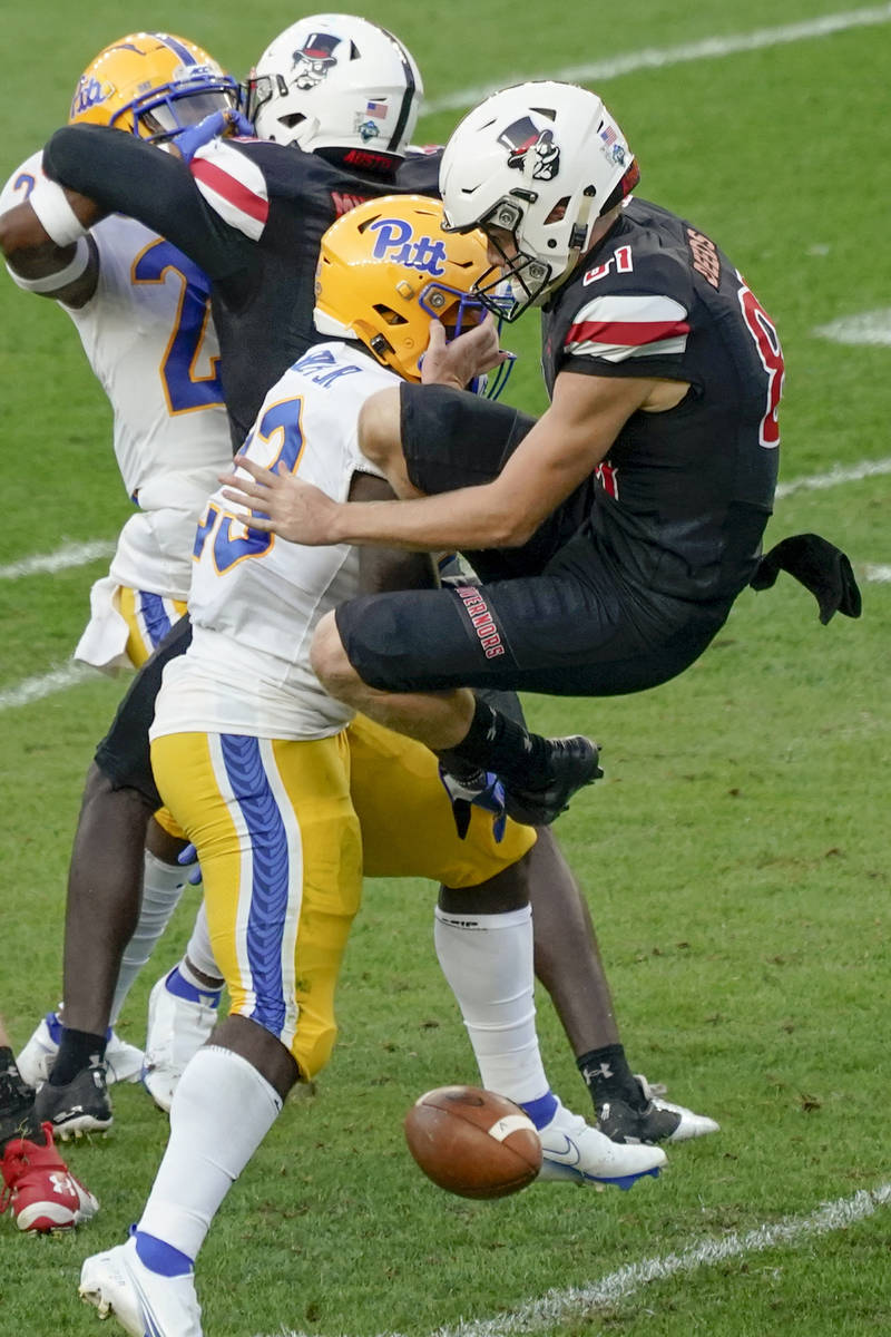 FILE - In this Saturday, Sept. 12, 2020, file photo, Pittsburgh's Todd Sibley Jr. (23) blocks a ...