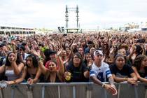 Fans react as Lewis Capaldi performs at the downtown stage during the Life is Beautiful festiva ...