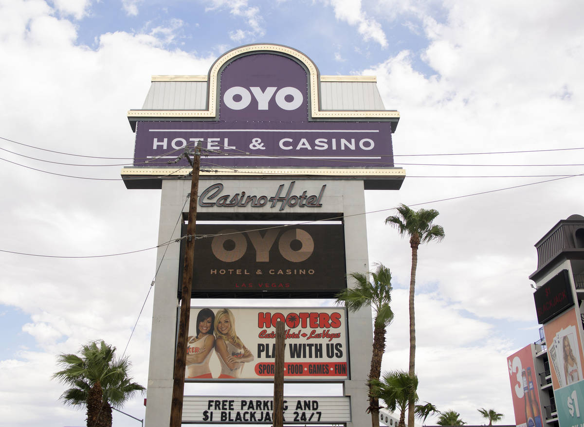 A temporary Oyo Hotel & Casino sign is displayed on the former Hooters hotel-casino marquee off ...