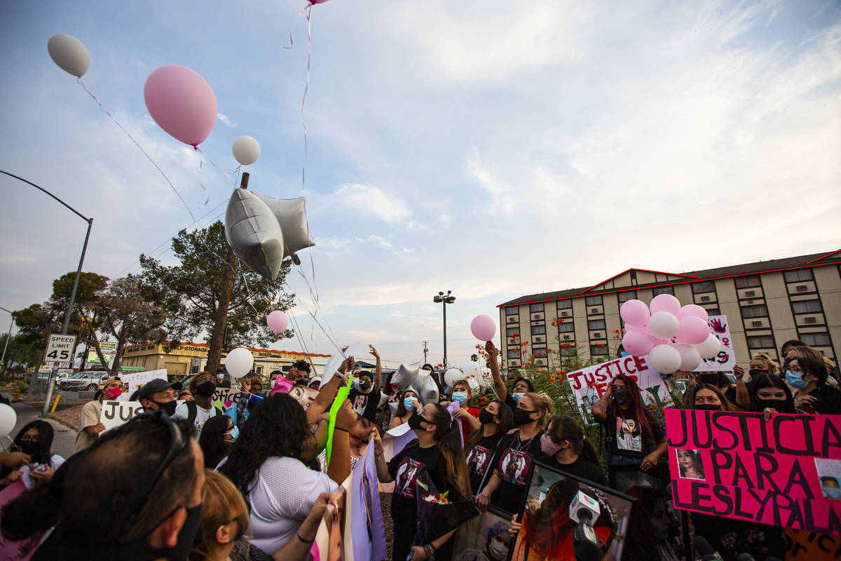 Balloons are released during a gathering in memory of Lesly Palacio, who was found slain near V ...