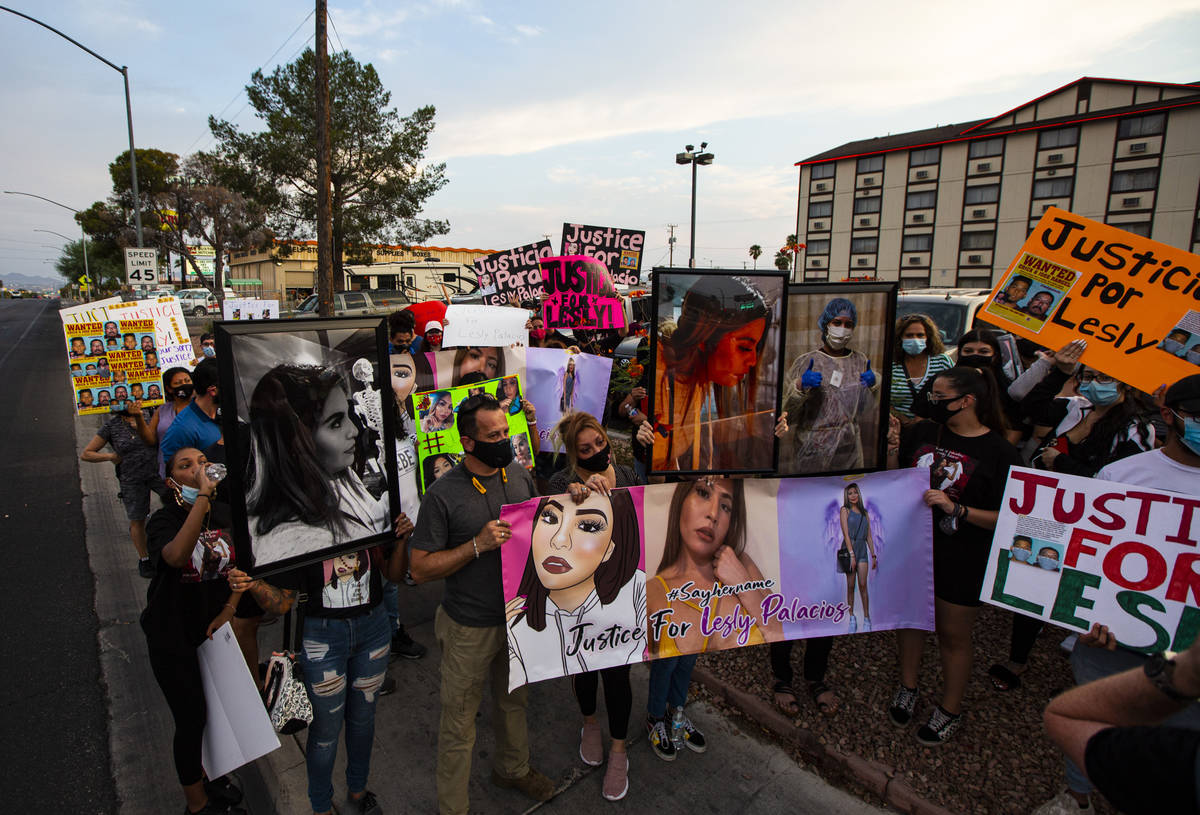 People gather in memory of Lesly Palacio, who was found slain near Valley of Fire State Park, a ...