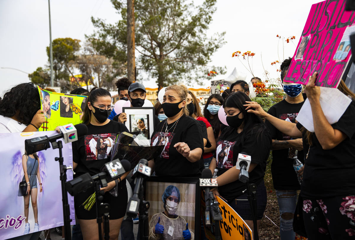 Aracely Palacio, center, talks about her daughter Lesly Palacio, who was found slain near Valle ...